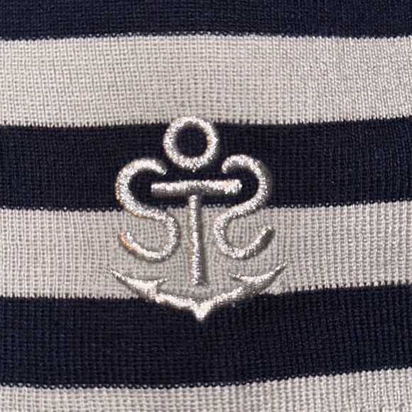 SPERRY OS Silver Navy Striped Metallic Lurex Embroidered Logo Pom Pom Hat - Picture 6 of 6
